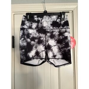 Guru Active Biker Shorts Womens Medium Black White Tie Dye High Waist Activewear